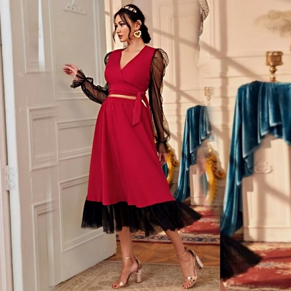 SHEIN Dresses & Skirts - NEW RED & BLACK MAXI SKIRT SET | Dot Mesh Long Sleeve Wrap Top Ruffle Hem XS